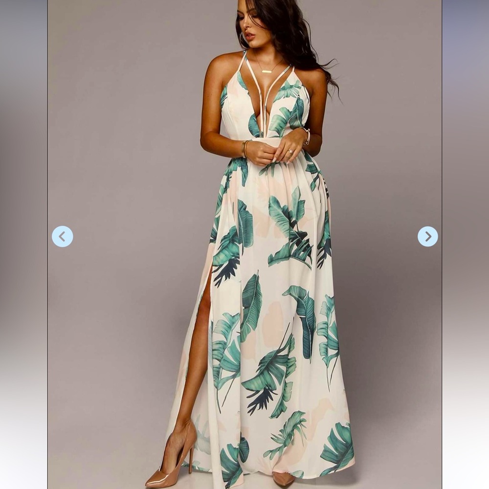 L’Atiste by Amy Palm frond pattern maxi adjustable straps flowing dress NWT